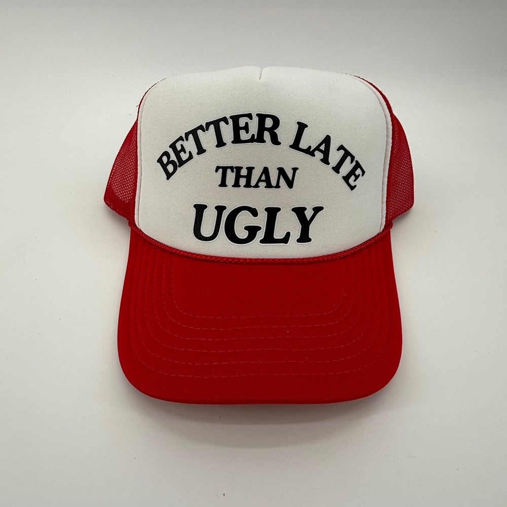 OTTO Red White Trucker Hat Better Late Than Ugly Mesh‎ Snapback